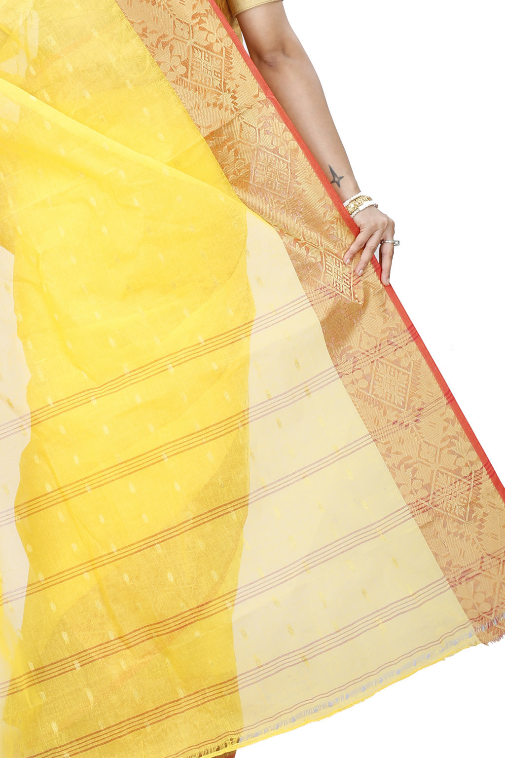 Yellow Pure Cotton Gopa Tant Saree (928)